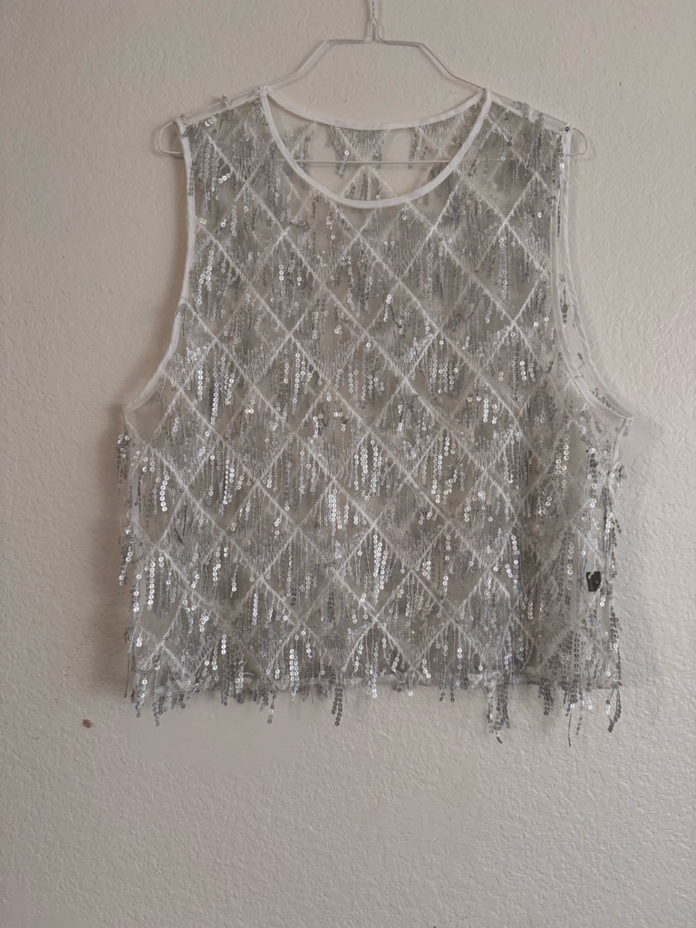 SHEIN White Silver Sequin Fringe Mesh Tank Top